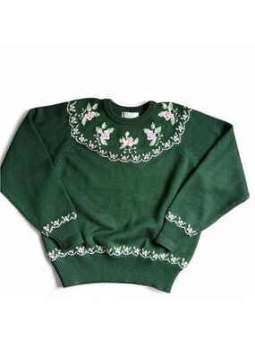 Eaton Vintage Green Floral Intarsia Knit Sweater Cottagecore Rose Size M